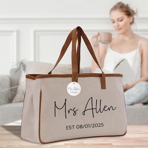 Mrs. Last Name Est Year Tote Bag Personalized Date Wedding Tote Bridal Shower Gift Honeymoon Gift Customized Wedding Gift Bridesmaid Gift