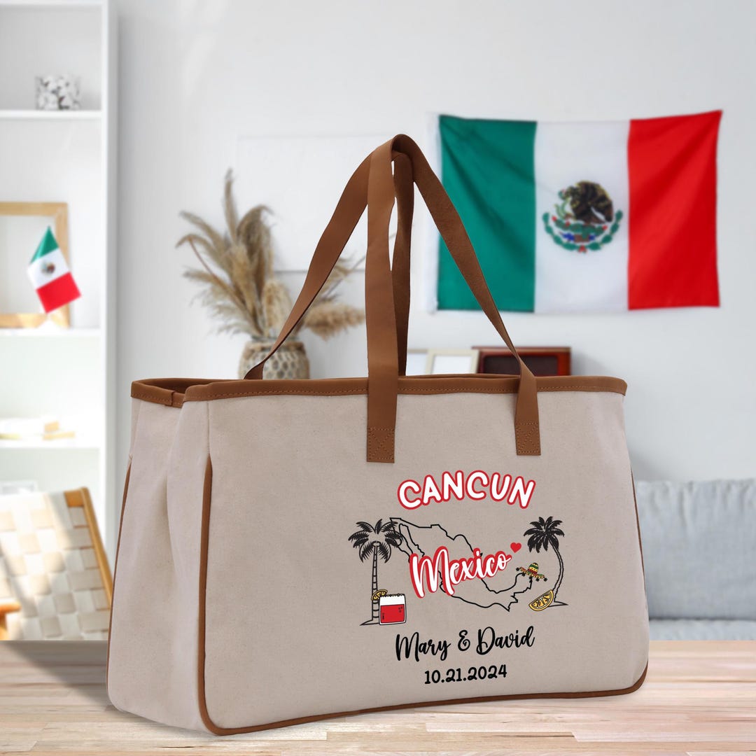 Personalized Name Date Mexico Cotton Canvas Tote Bag Custom Cancun Trip ...