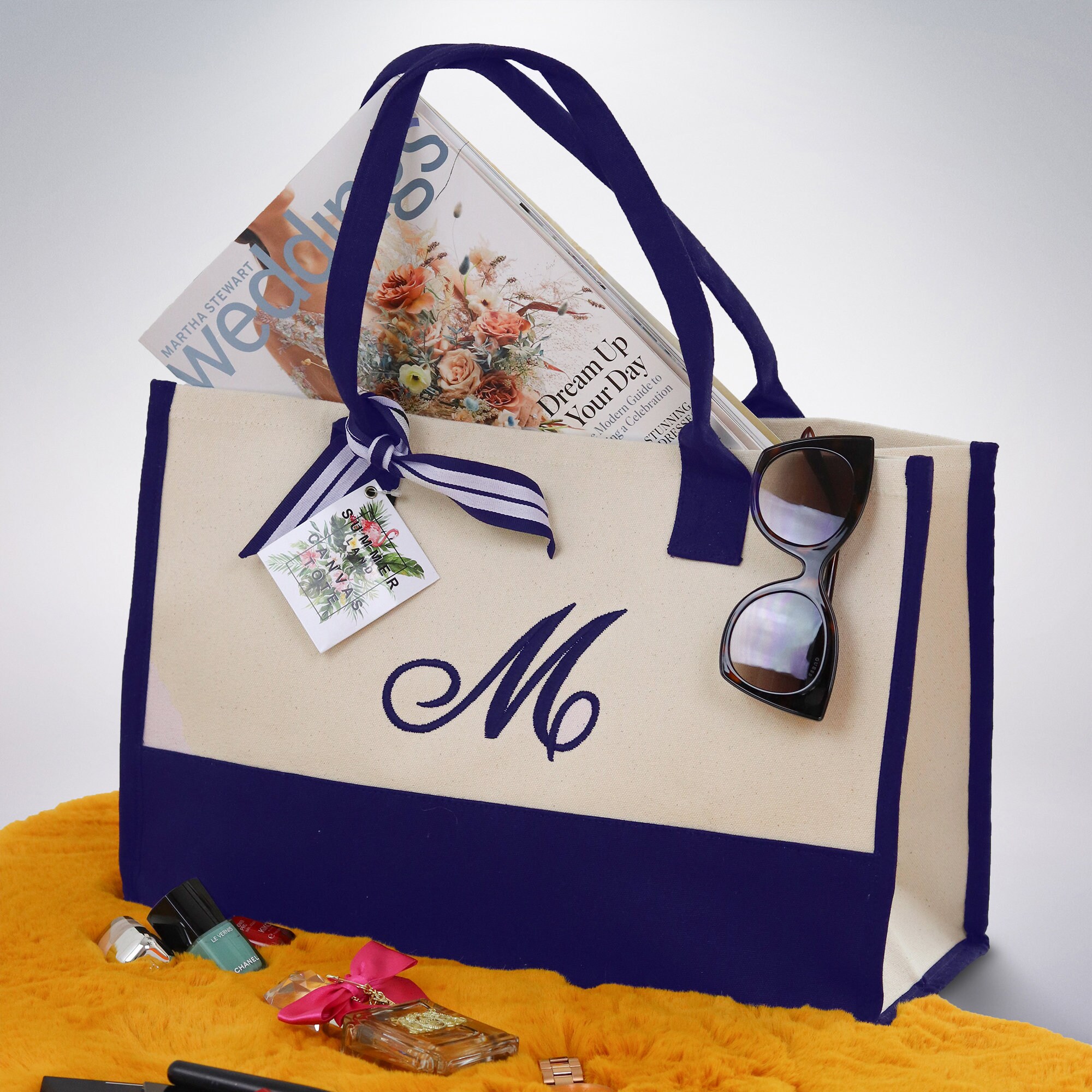 Personalized Monogram Embroidery Cotton Canvas Beach Tote Bag Initial Tote Bridesmaid Gift Tote Custom Beach Bag Gift for Her A-Z - Navy