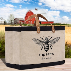 The Bee&#39;s Knees Farmers Market Jute Canvas Tote Funny Farmer Market Bag Quote Jute Bag Shopping Bag Burlap Farmhouse Grocery Bag (FT1012)