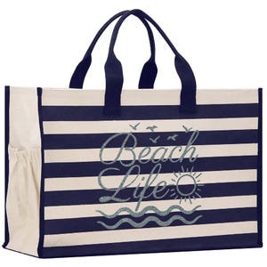 Striped Canvas Beach Tote Bag – XL, Zippered with Inner Pocket Navy