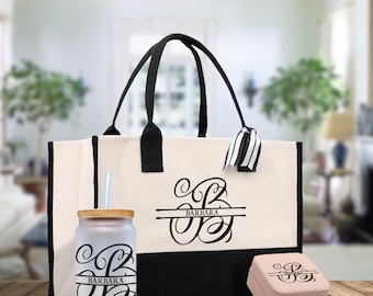 Split Initial and Name Custom Cotton Canvas Tote Bag Personalized Initial Tote Birthday Gift Wedding Gift Jewelry Box Frosted Can Glass Set