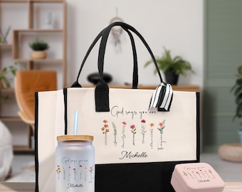 Personalized Religious Canvas Tote Bag: Floral God Says You Are (HCT1001)