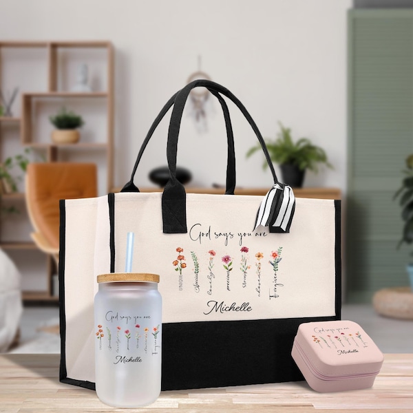 Personalized Religious Canvas Tote Bag: Floral God Says You Are (HCT1001)