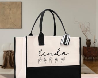 Personalized ASL Teacher Canvas Tote Bag - Custom Name, Sign Language Gift (SLT1001)