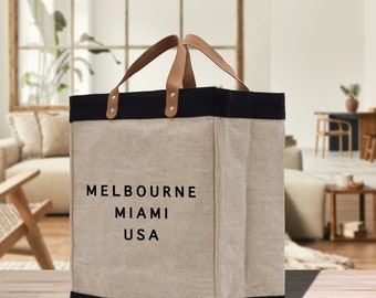 Personalized City Names Jute Tote Bag Custom State Bag Burlap Market Bag Apolis Style Bag City State Name Bag Coordinates Bag