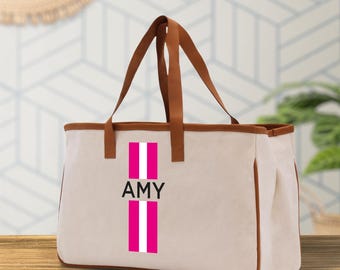 Personalized Monogrammed Canvas Tote Bag: Striped Initials Custom Beach Bag Bridal Party Gift