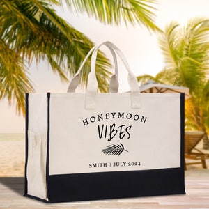 XL Oversized Honeymoon Vibes Personalized Canvas  Tote Bag Custom Newlyweds Tote Bag Honeymoon Gift Weekender Bag Engagement Gift (BLTB1005)