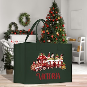 Personalized Name Christmas Cotton Canvas Large Tote Bag Custom Merry Christmas Gift Bag Xmas Party Bag Xmas Eve Gift Holiday Gift (CT1014)