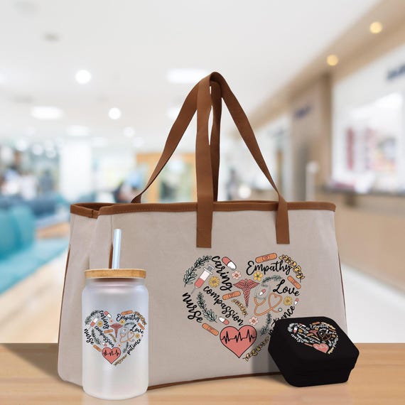 Krankenschwester Geschenktasche – Notaufnahme, ICU, Abschlussgeschenk (Weiß/opulenter Garten)