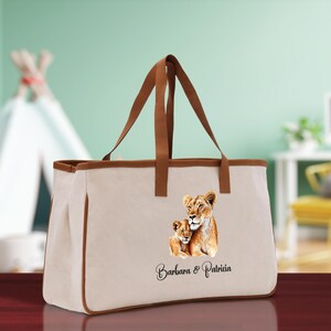Lion Mom And Baby Name Custom Cotton Canvas Tote Bag Custom Pet Lover Gift Pet Portrait Bag Personalized Pet Owner Gift Tote Bag