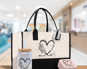 Krankenschwester Stethoskop Floral Herz Tote Benutzerdefinierte Name Personalisierte Baumwolle Canvas Tragetasche Krankenschwester Geschenk zukünftige KrankenpflegeStudenten Abschlussgeschenk