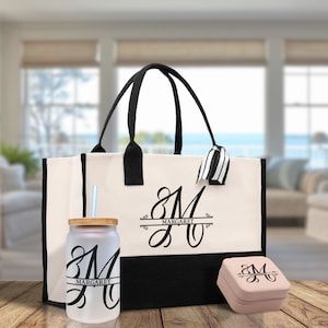 Split Initiale und Name Benutzerdefinierte Baumwollsegeltuch-Einkaufstasche Personalisierte Anfangstasche Geburtstagsgeschenk Hochzeitsgeschenk Schmuckschatulle Frostdose Glasset
