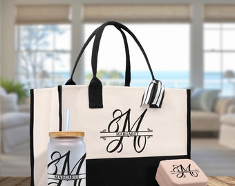 Split Initial and Name Custom Cotton Canvas Tote Bag Personalized Initial Tote Birthday Gift Wedding Gift Jewelry Box Frosted Can Glass Set