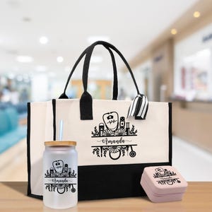 Borsa tote floreale per infermiere, con nome personalizzato, in tela di cotone, regalo per infermiere, regalo per future infermiere, regalo di laurea per studenti di infermieristica