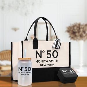 Cadeau personnalisé pour fête d'anniversaire Sac fourre-tout en toile avec prénom et nom du 40e et du 50e anniversaire Sac fourre-tout pour elle Cadeau d'anniversaire personnalisé