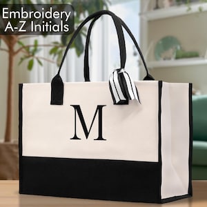 Personalisierte Monogramm Stickerei Baumwollsegeltuch Strand Einkaufstasche Initial Tote Brautjungfer Geschenk Tote Benutzerdefinierte Strandtasche Geschenk für sie A-Z - Schwarz