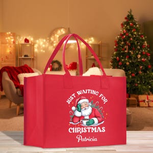 Personalized Name Christmas Cotton Canvas Large Tote Bag Custom Merry Christmas Gift Bag Xmas Party Bag Xmas Eve Gift Holiday Gift (CT1045)