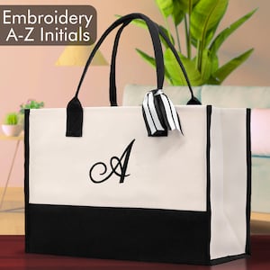 Personalized Monogram Embroidery Cotton Canvas Beach Tote Bag Initial Tote Bridesmaid Gift Tote Custom Beach Bag Gift for Her A-Z - Black