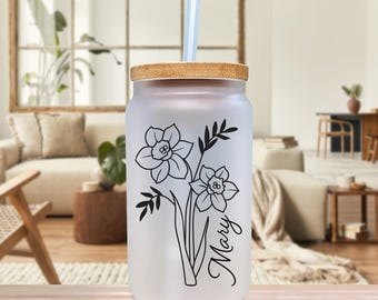 Personalized Birth Flower Glass Tumbler, Iced Coffee Cup with Bamboo Lid (BFC1001), Name Custom, Bridesmaid Proposal Gift Glass