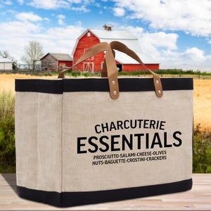 Charcuterie Essentials Farmers Market Jute Canvas Tote Funny Quote Jute Bag Shopping Bag Burlap Bag Farmhouse Bag Grocery Bag (FT1008)