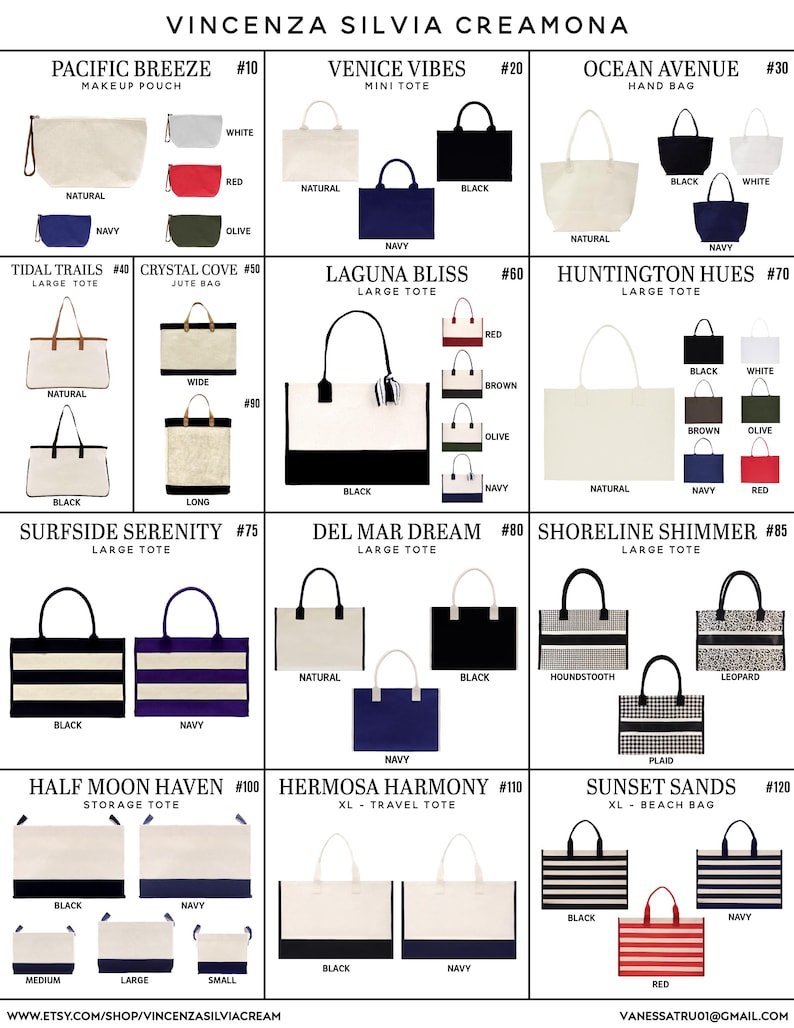 The image is a collage of various bags and accessories, including makeup pouches, hand bags, and tote bags, showcasing different colors, patterns, and styles.
