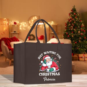 Personalized Name Christmas Cotton Canvas Large Tote Bag Custom Merry Christmas Gift Bag Xmas Party Bag Xmas Eve Gift Holiday Gift (CT1048)