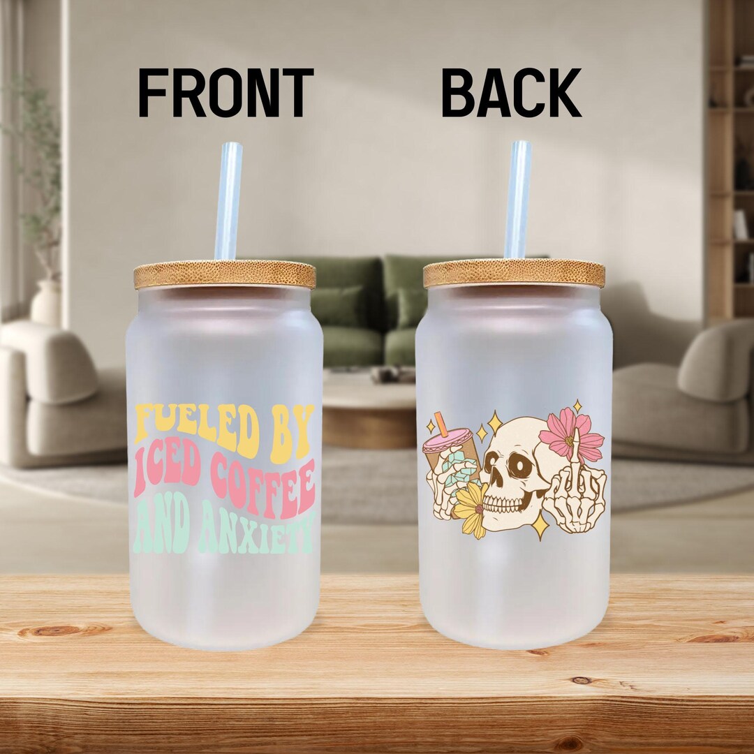 Iced Coffee & Anxiety Frosted Can Glass With Bamboo Lid (PCG1002) - Etsy
