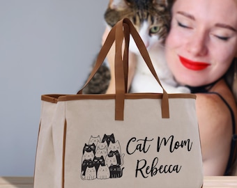 Gepersonaliseerde draagtas katoenen canvas kattenmoeder, cadeau voor kattenliefhebber (CATM1014)