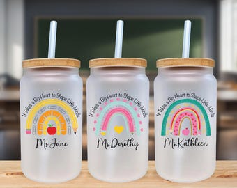 Personalized Teacher Iced Coffee Can Glass with Bamboo Lid , 16 Oz, Cup Glass Gift for, Teachers Custom Appreciation, Straw
