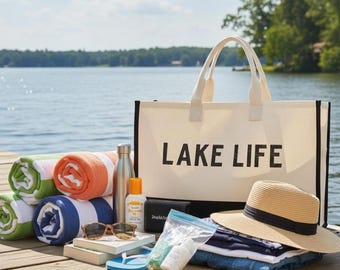Lake Life Tote Bag, XL Canvas Beach Bag with Zipper