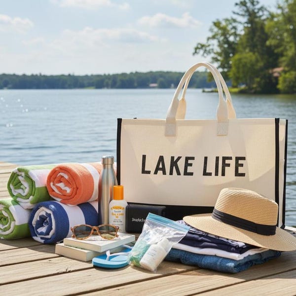 Lake Life Tote Bag, XL Canvas Beach Bag with Zipper