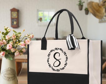 Monogrammed Canvas Beach Tote Bag: Personalized Initial Letter (PB1004)