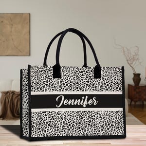 Personalized Leopard Print Cotton Canvas Tote Bag (PNTB1002), Custom Name, Chic Pattern Tote Christmas, Gift Bridesmaid Bag Premium, Custom