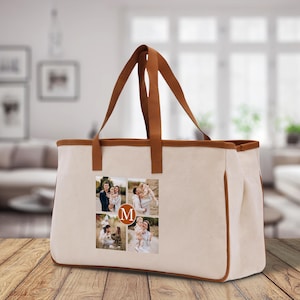 Custom Family Photo Collage and Initial Cotton Canvas Tote Bag Personalized Photo Tote Parent Gift Mothers Day Gift Picture Image Tote