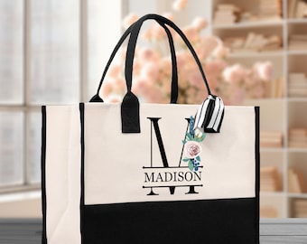 Floral Initial and Name Cotton Canvas Tote Bag Personalized Bridesmaid Gift Bag Wedding Birthday Gift Custom Name Tote Wedding Gift