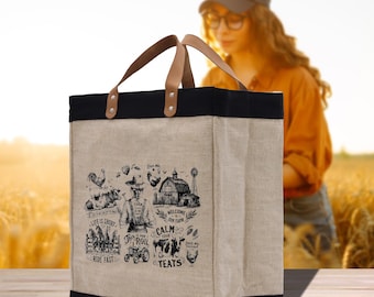 Farmers Market Jute Tote Bag with Leather Handles (FT1017)
