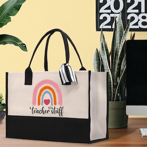 Sac fourre-tout en toile pour enseignants : motif arc-en-ciel, cadeau de remerciement pour les enseignants (TA1003), accessoires, cadeau de départ à la retraite idéal, cadeaux, résistant
