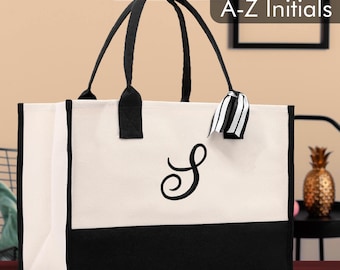 Personalized Monogram Beach Tote – Embroidered Initial Cotton Canvas Bag