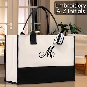 Personalized Monogram Embroidery Cotton Canvas Beach Tote Bag Initial Tote Bridesmaid Gift Tote Custom Beach Bag Gift for Her A-Z - Black