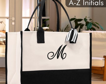 Personalized Monogram Embroidery Cotton Canvas Beach Tote Bag Initial Tote Bridesmaid Gift Tote Custom Beach Bag Gift for Her A-Z - Black