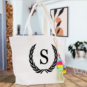 Personalized Cotton Canvas Hand Tote Bag Monogram Tote Bag Initial Canvas Tote Bridesmaid Gift Tote Magnetic Closure Bag Gift for Her A-Z