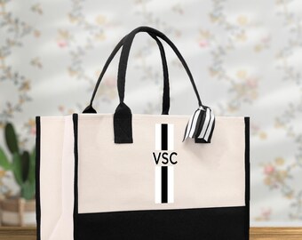 Personalized Monogram Canvas Tote Bag with Initials, Custom Name Beach Bag