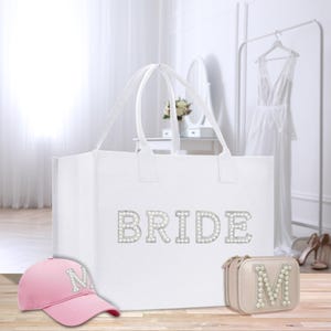 Pearl Letters Bride Cotton Canvas Tote Bag Bridal Shower Gift Honeymoon Gift Wedding Gift Bridesmaid Gift with Jewelry Box and Hat Option