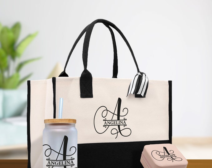 Split Initial and Name Custom Cotton Canvas Tote Bag Personalized Initial Tote Birthday Gift Wedding Gift Jewelry Box Frosted Can Glass Set