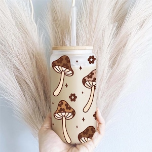 Retro Blumenpilz Frostdose Glas Retro Magic Cute Pilze Eiskaffeetasse mit Deckel und Strohhalm Retro Boho Glastasse (RG1001)