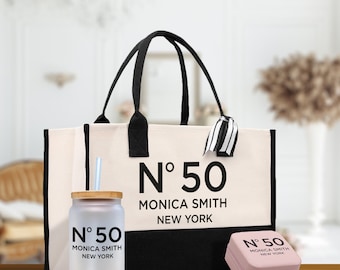 Cadeau personnalisé pour fête d'anniversaire Sac fourre-tout en toile avec prénom et nom du 40e et du 50e anniversaire Sac fourre-tout pour elle Cadeau d'anniversaire personnalisé