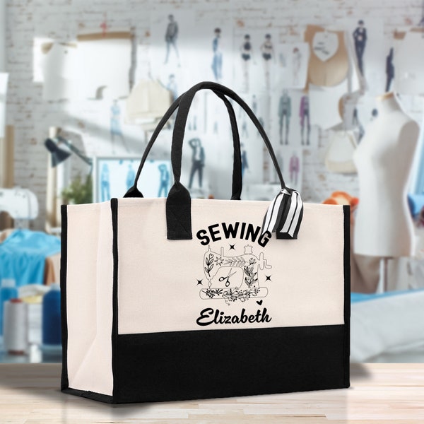 Personalized Sewing Machine Cotton Canvas Tote Bag Custom Quilting Tote Gift for Sewing Lover Gift for Grandma Knitting Tote Bag