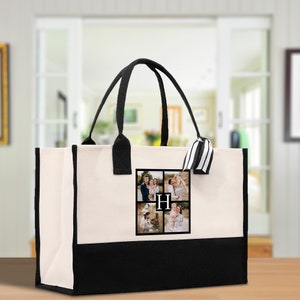 Aangepaste familiefotocollage en canvas draagtas met initialen Gepersonaliseerde fototas Gepersonaliseerde fototas Cadeau voor ouders Moederdagcadeau Foto afbeelding draagtas