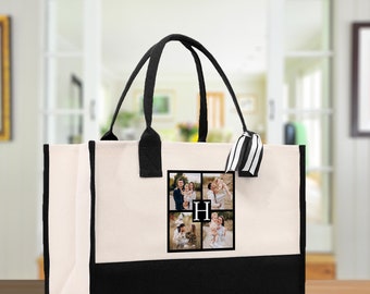 Custom Family Photo Collage and Initial Cotton Canvas Tote Bag Personalized Photo Tote Parent Gift Mothers Day Gift Picture Image Tote